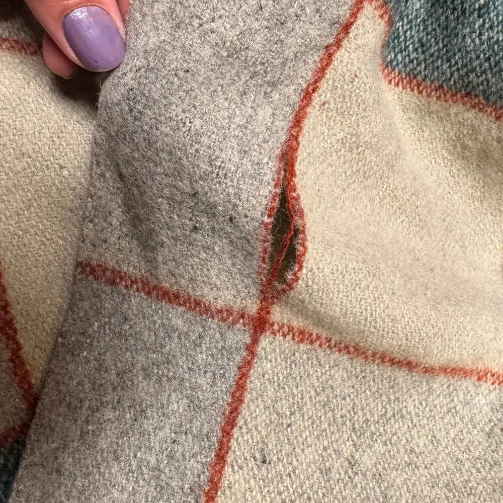 Vintage Wool Plaid Green Cream Orange Blanket Twin Bound Edges 84”x62”